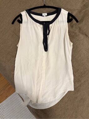 Babaton Sleeveless Ivory Tie-Neck Blouse with Black Trim